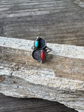 Native American Sterling Silver Ring with Turquoise and Coral